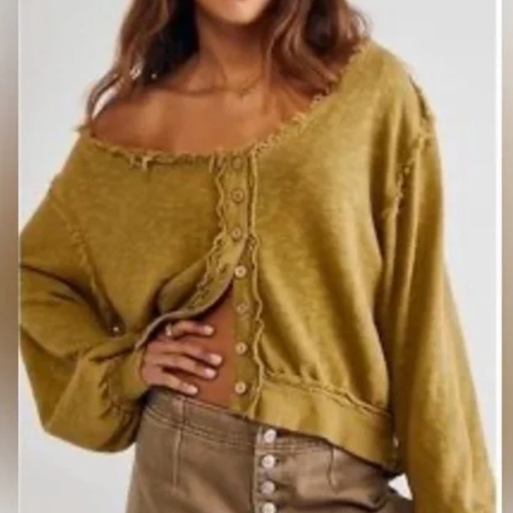 Free People X We The Free Golden Road Cardigan Curly Willow Mustard Olive Crop - Picture 5 of 15